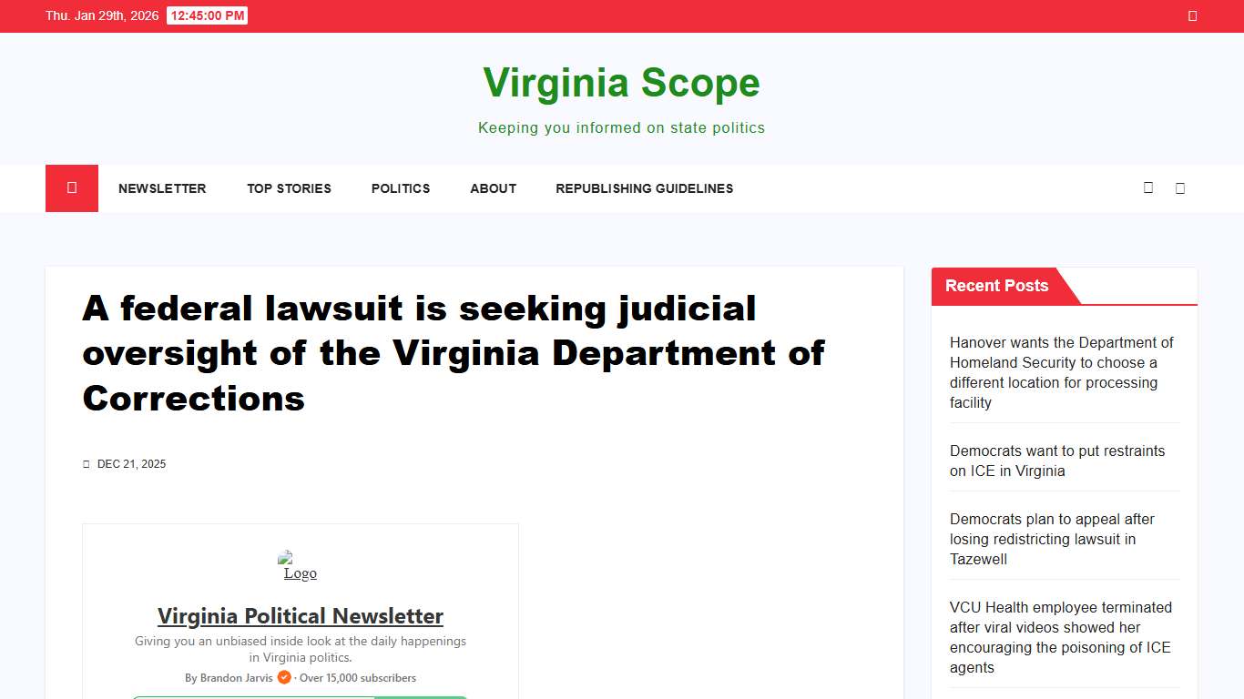 A federal lawsuit is seeking judicial oversight of the Virginia Department of Corrections