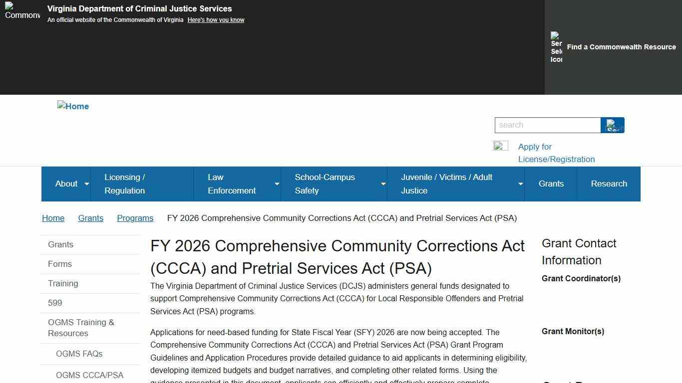 FY 2026 Comprehensive Community Corrections Act (CCCA) and Pretrial Services Act (PSA) Virginia Department of Criminal Justice Services